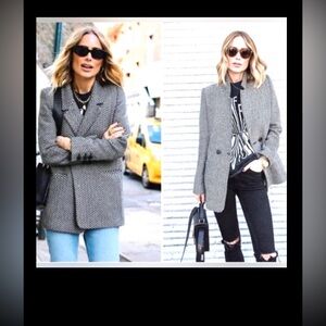 Anine Bing Fishbone Blazer Wool Blend Chevron pattern Black & Off White Size S